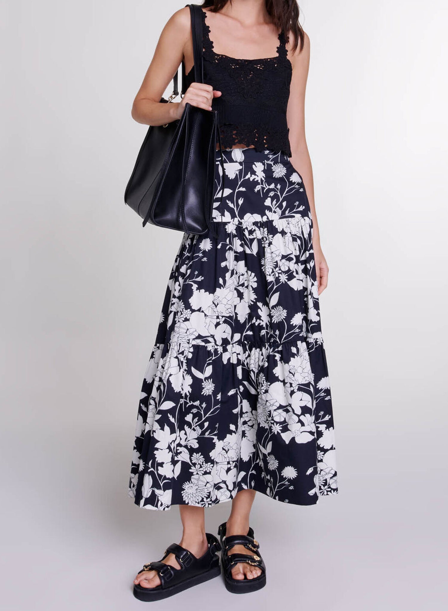 Maje Floral Cotton Tiered Maxi Skirt in Navy &amp; White