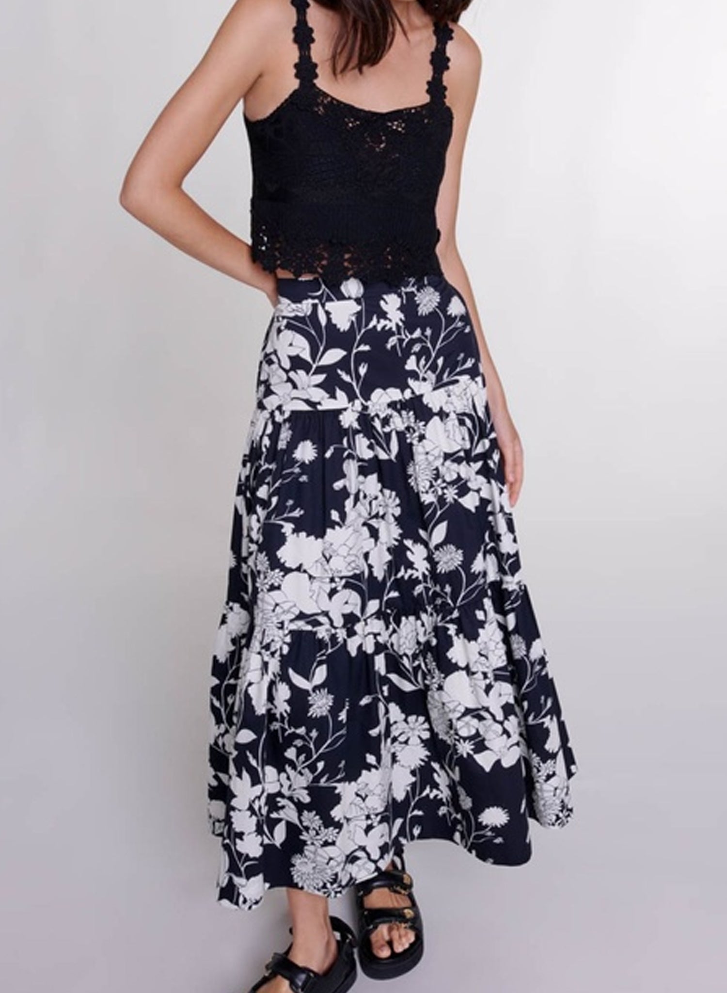 Maje Floral Cotton Tiered Maxi Skirt in Navy &amp; White