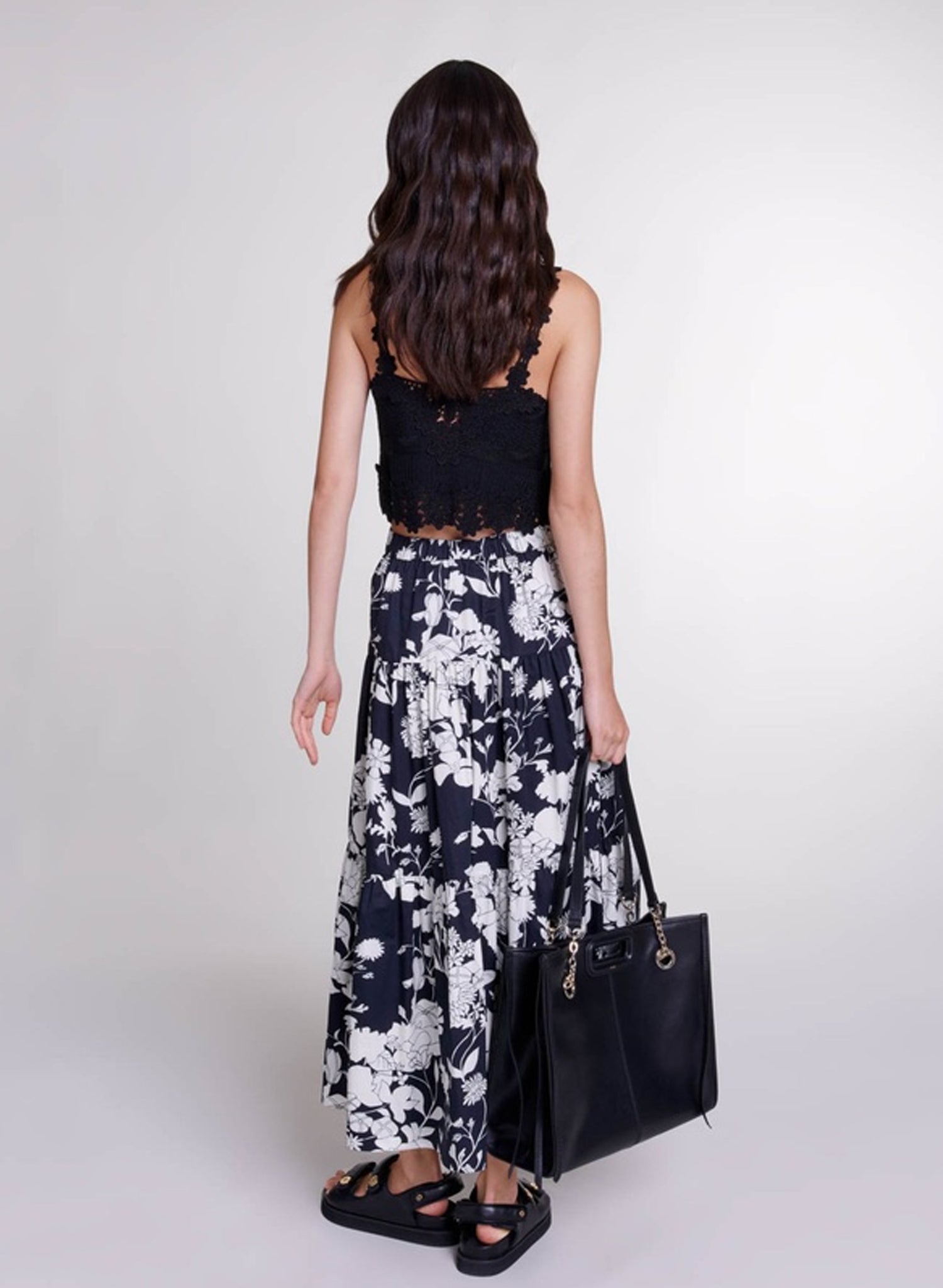 Maje Floral Cotton Tiered Maxi Skirt in Navy &amp; White